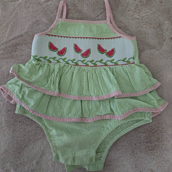 Velani Classics Seersucker Smocked Watermelon Bubble - Picture 1 of 5